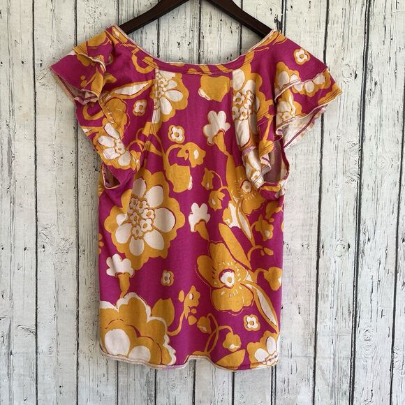 Anthropologie Maeve Catie Ruffle Sleeve Top Size M Bright Floral Orange Pink - Picture 7 of 10